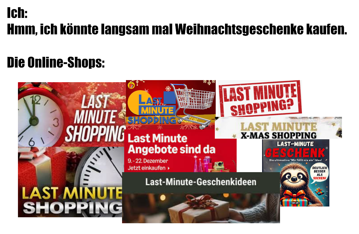 Ich: Hmm, ich könnte langsam mal Weihnachtsgeschenke kaufen.
Die Online-Shops: *man sieht Bildausschnitte, die mit Geschenken in „letzter Minute“ werben*