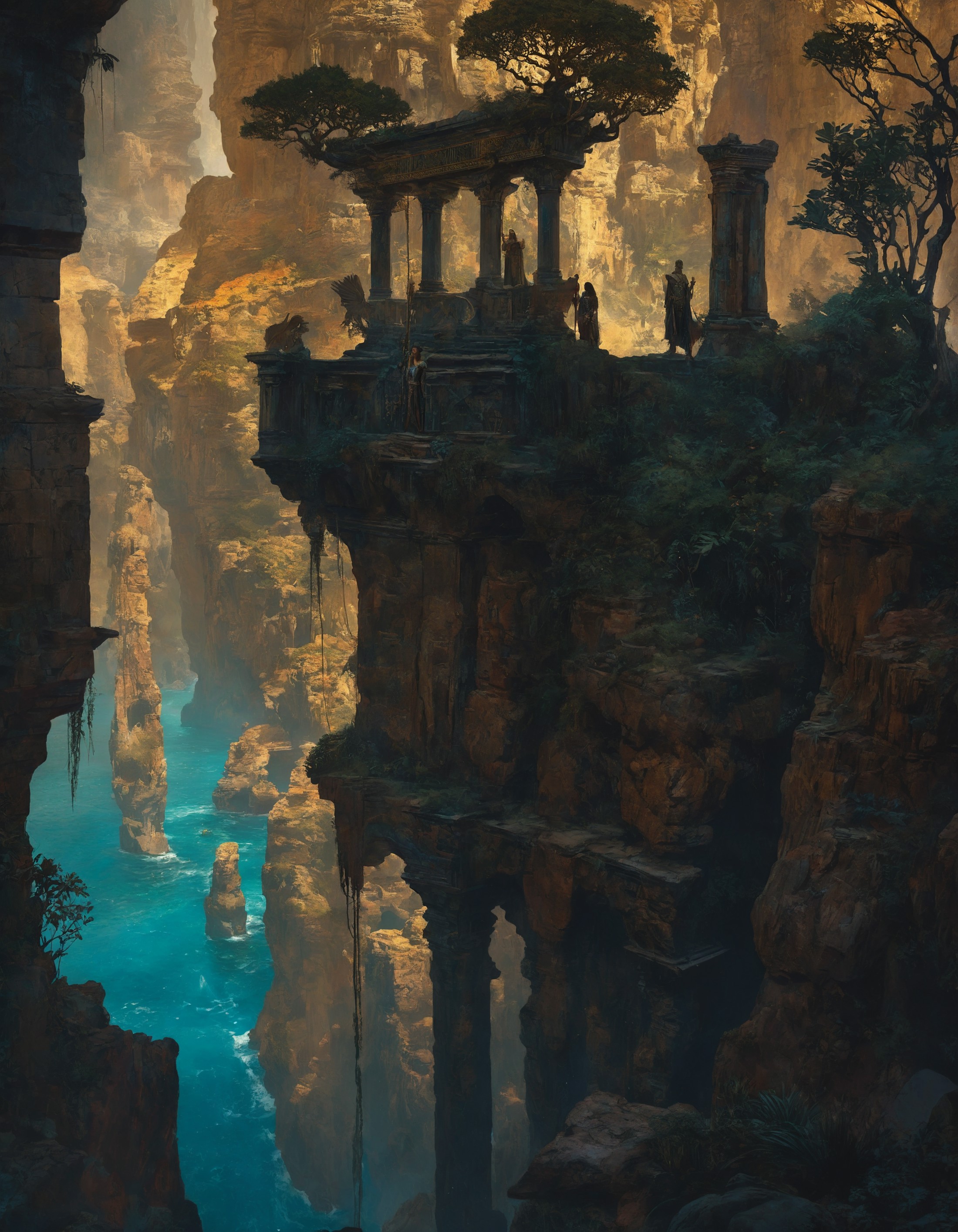 A group of shaded figures stand atop a towering rock formation host to ancient ruins, featuring columns with greenery accenting the stone structures and cliff faces. In the background, a tranquil body of water at the base of the cliffs reflects the sun's rays, enhancing the overall majesty and mystery of the setting. 