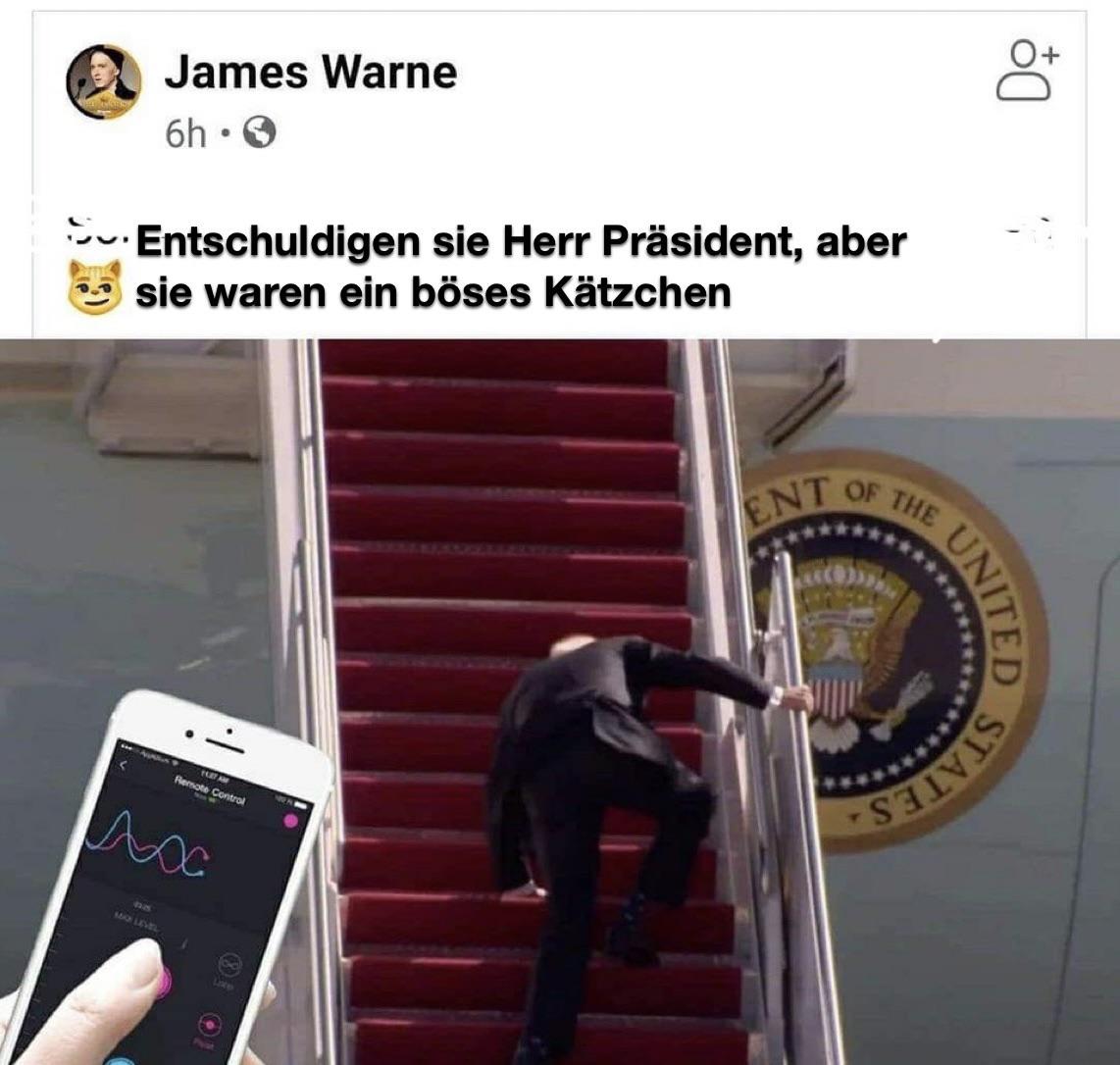 Das Bild zeigt US-Präsident Joe Biden, der die Treppe von Air Force One hinauf stolpert. Im Vordergrund ist ein Smartphone zu sehen, auf dem eine App mit der Beschriftung "Remote Control" angezeigt wird. Der Text oben lautet: "Entschuldigen sie Herr Präsident, aber sie waren ein böses Kätzchen."