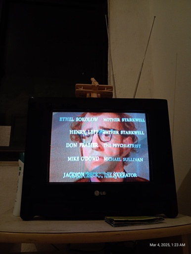 Televisão preta da marca LG de tubo de 14 polegadas. Nela vê-se a cena final de um filme com o close no rosto de Woody Allen, um homem branco, de óculos e ruivo.