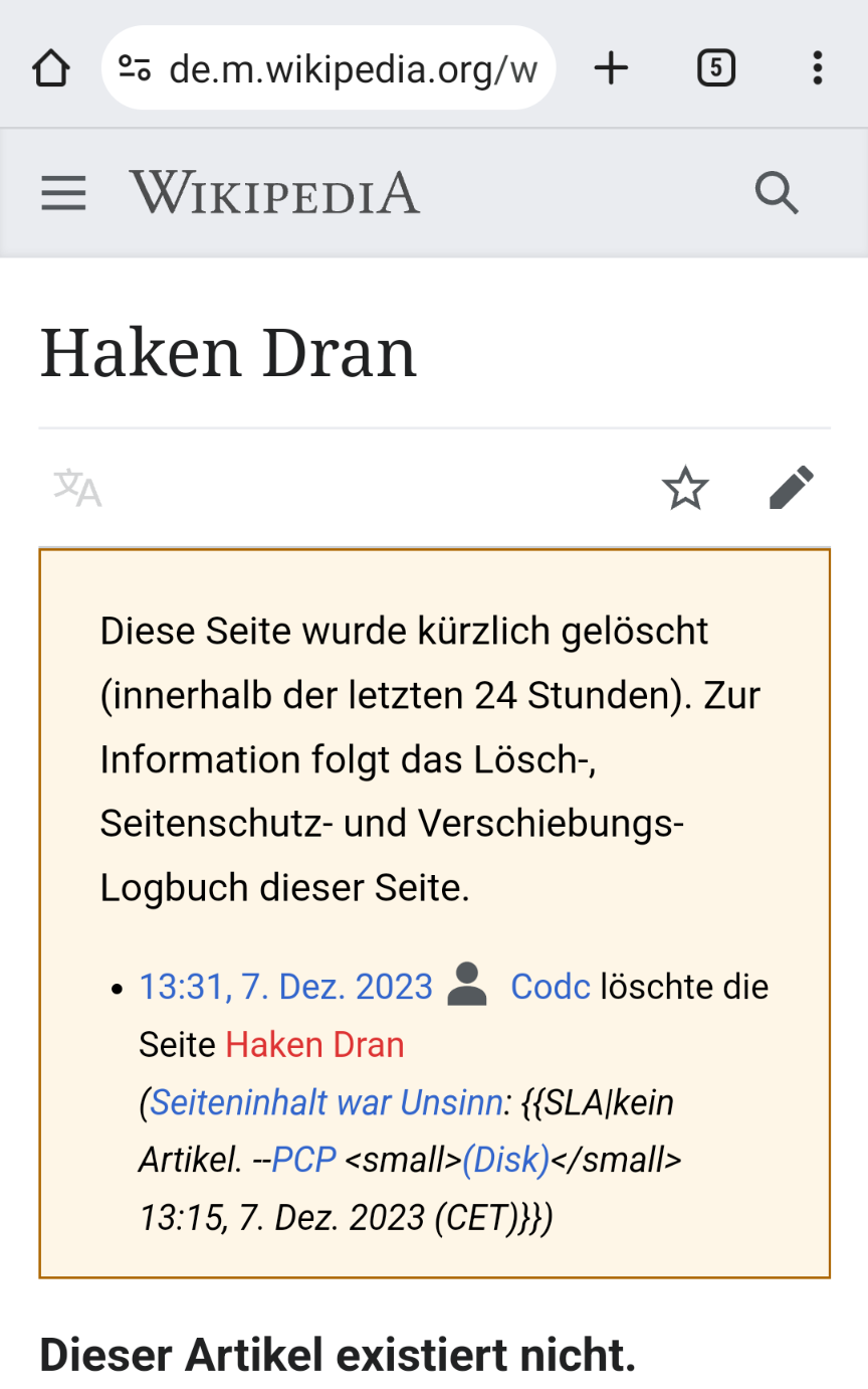 Wikipedia
Haken Dran

Diese Seite wurde kürzlich gelöscht (innerhalb der letzten 24 Stunden). Zur Information folgt das Lösch-, Seitenschutz- und Verschiebungs-Logbuch dieser Seite.

13:31, 7. Dez. 2023 Codc löschte die Seite Haken Dran(Seiteninhalt war Unsinn: {{SLA|kein Artikel. --PCP <small>(Disk)</small> 13:15, 7. Dez. 2023 (CET)}})

Dieser Artikel existiert nicht.

