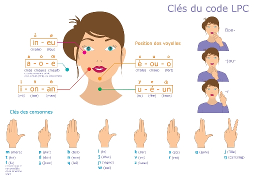 Les clés du LPC sont la combinaison de 2 paramêtres pour former une syllabe visuelle : la main et le visage.

La main définit la consonne. Il y a 8 configuration possible de la main pour former les consonne. 

La main doit toujours etre positionnée vers le haut, au dos. C'est à dire : l'index doit pointer le ciel et le pouce pointe l'opposé du visage. Voyons à présent les différentes configuration de la main.

Le dos de la main doit etre exposé en face de l'interlocuteur 
1) main aplatit, tous les doigs sont visible et le pouce forme un angle droit : m, t, f
2) pointez le ciel avec l'index : p, d, j
3) main bien à plat et retractez votre pouce : b, n et ui (?)
4) formez un angle droit avec le douce et index. Retractez le reste de doigts sur votre paume : l, ch, w, gn
5) sortez l'index et le majeur, les 2 sont collés. Retractez le reste de vos doigts sur votre paume : k, v, z
6) formez une boucle avec l'index et votre pouce et sortez tous vos doigts vers le haut : s, r
7) avec le majeur et l'index collé, faites un angle droit avec le pouce. Les autres doigts sont retractés sur votre paume : g
8) faites le v de victoire avec le majeur et l'index : le ye de fille, ng de camping

Sur le visage, selon la position, vous avez les différentes voyelles  :
- sous l'oeil, au niveau des cernes : in, eu
- à coté de la joue : a, o, e
- au coin de vos lèvres : i, on, an
- sur le menton : è, ou, o
- sur le cou : u, é, un