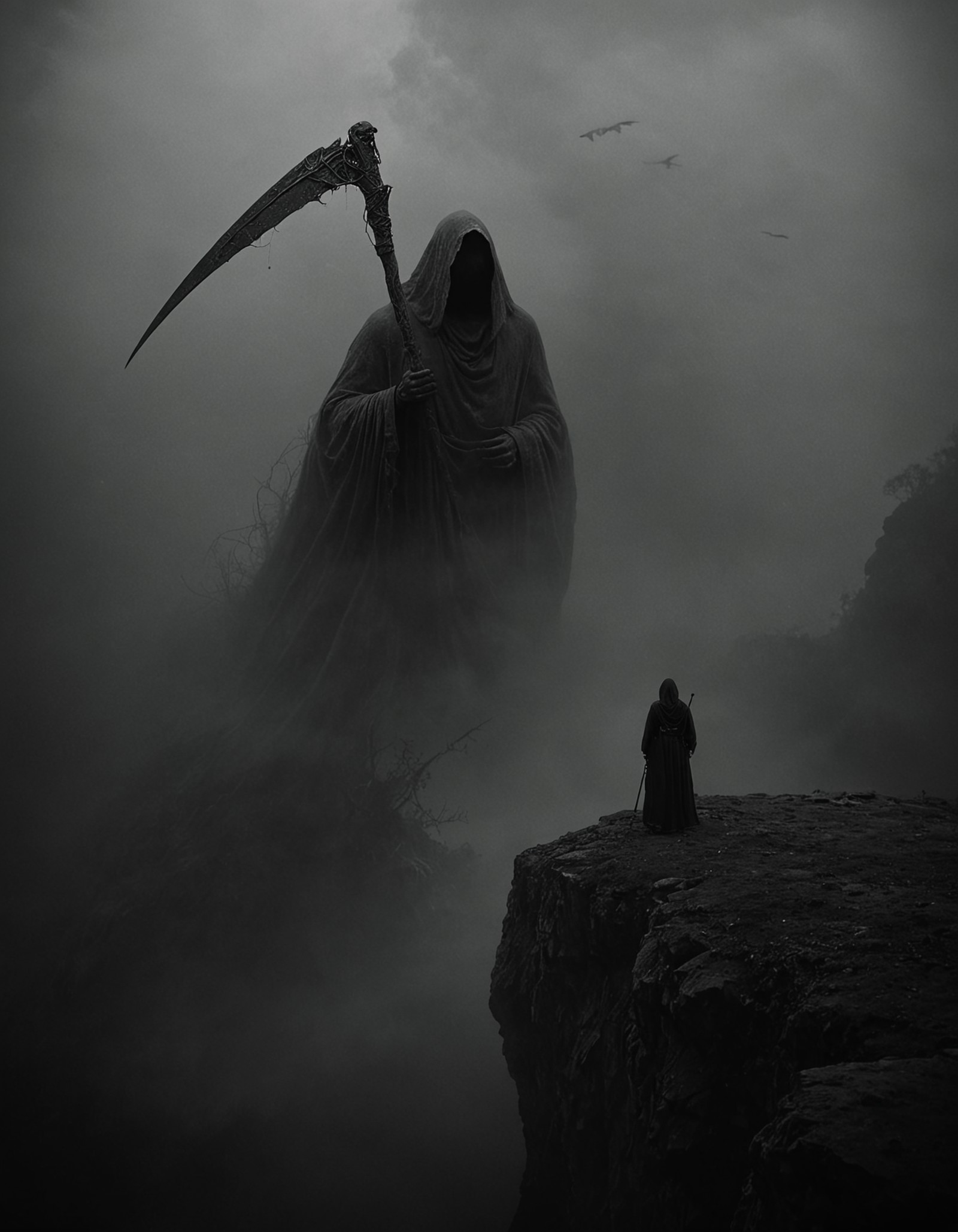 A large, cloaked figure wielding a scythe, gliding through a misty, mountainous landscape. Facing the figure is a much smaller cloaked figure on a rocky outcrop. The atmosphere is dark and ominous, with fog swirling around, adding to the foreboding mood.