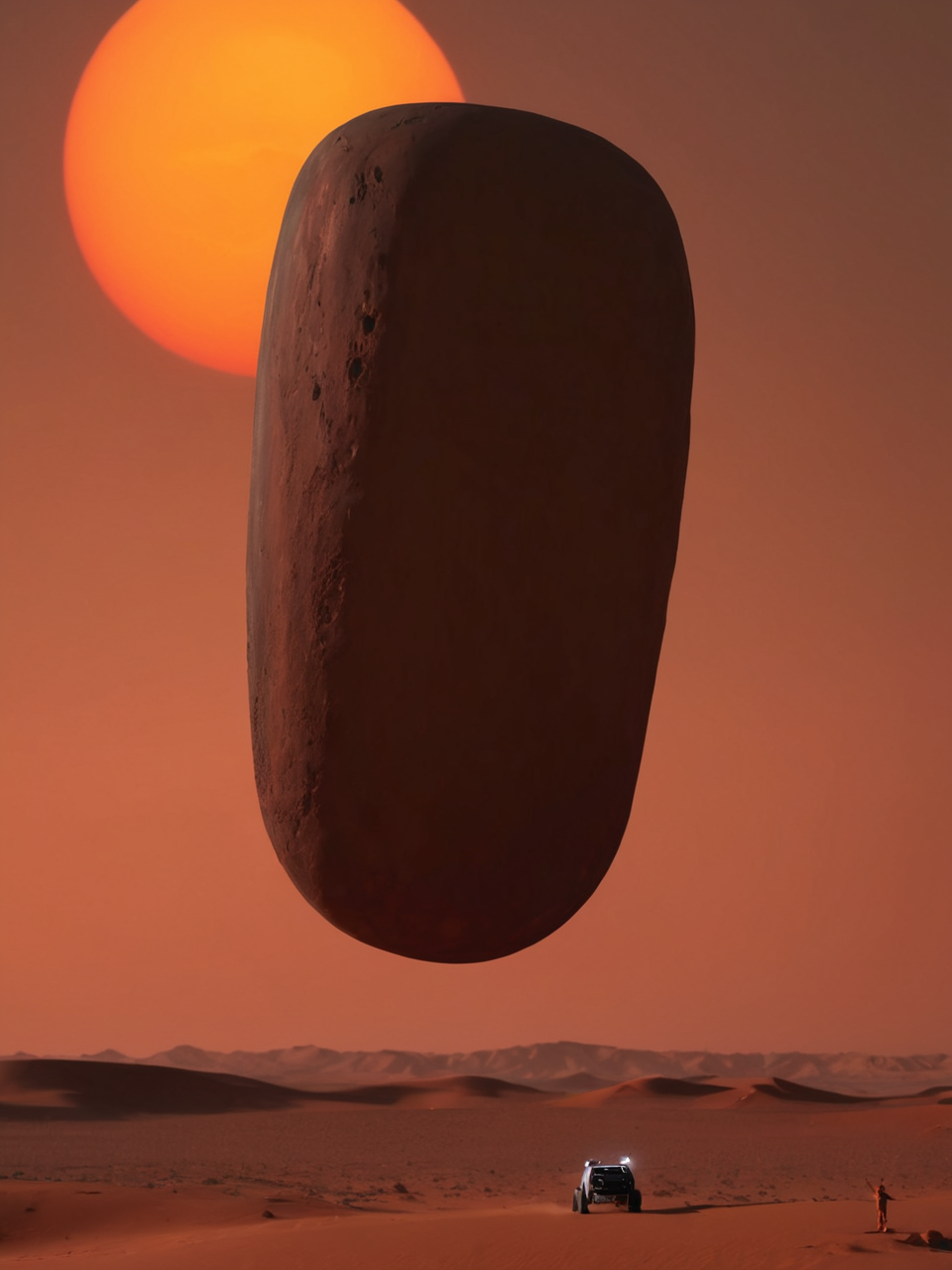 A large, elongated monolithic stone hovering above a desert landscape under a red sky with an oversized sun. In the distance, there is a small figure next to a vehicle observing the phenomenon. 