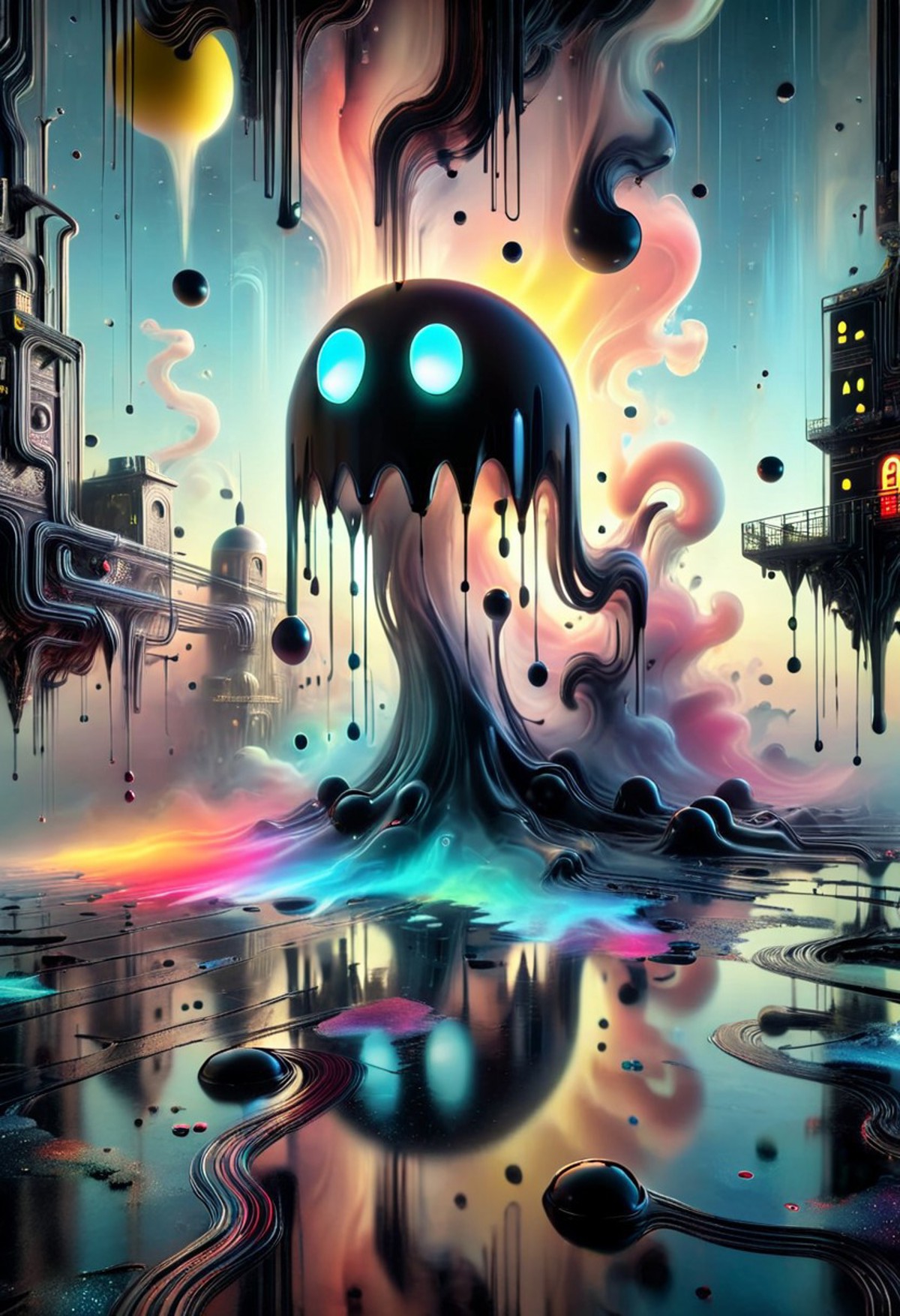 A large, dark figure resembling an ink blot with two glowing, round eyes seems to be melting or dripping, with smaller droplets suspended in midair around it. The surrounding incomplete architecture adds to the fantastical nature of this visual composition.
