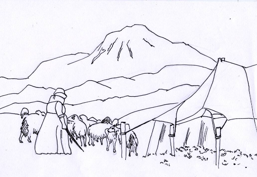 A woman, some sheep, and a traditional tent in front of a mountain scenery