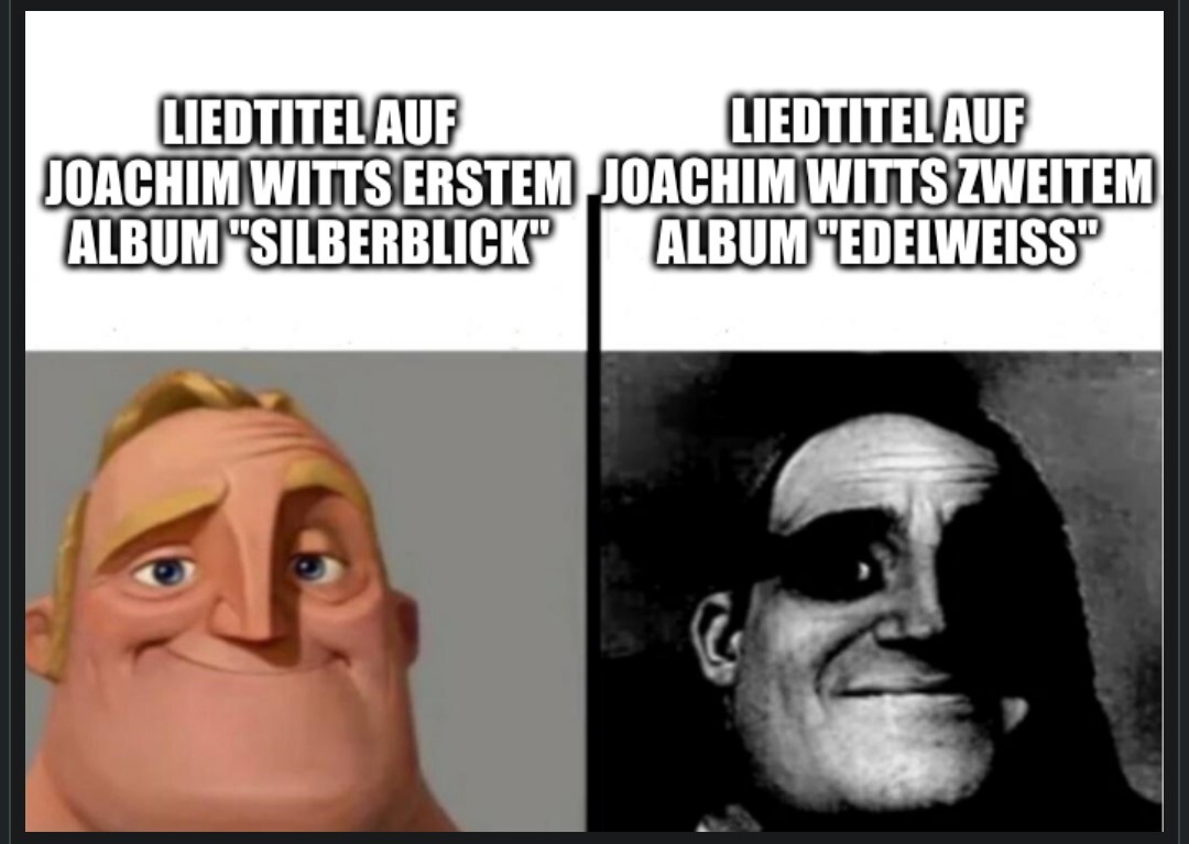 Herr unglaublich auf der linken Seite. Schaut glücklich unter dem Text: Liedtitel auf Joachim Witts erstem Album "Silberblick"; Herr Unglaublich auf der rechten Seite, mit erschrockenem Blick und in Schwarz-Weiß unter dem Text: Liedtitel auf Joachim Witts zweitem Album "Edelweiss"