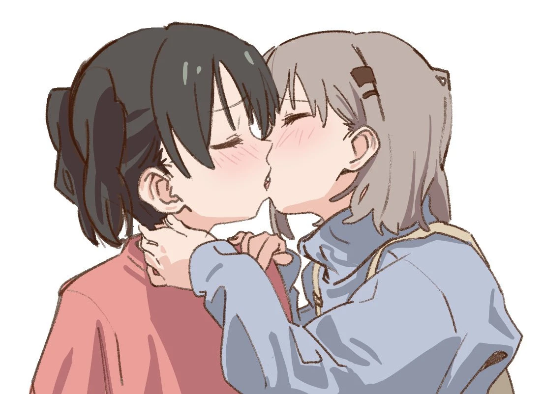 A fanart of Aoi and Hinata from Yama no Susume kissing passionately.