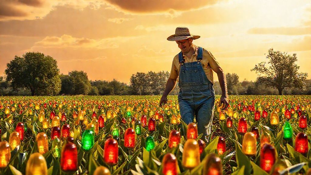 A farmer walking through a field of flowers. The flowers petals are traffic lights.