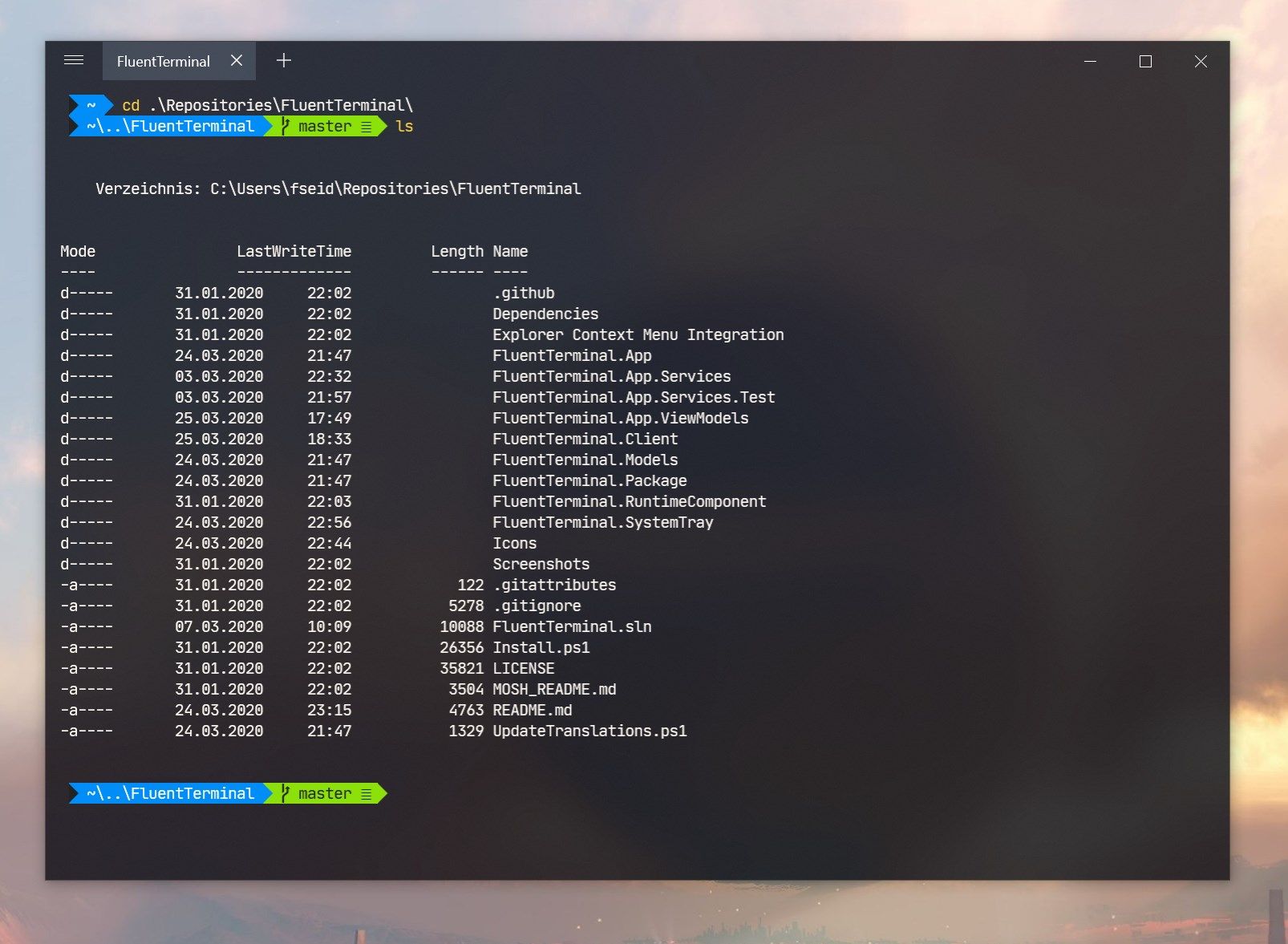 Fluent Terminal showing ls command output