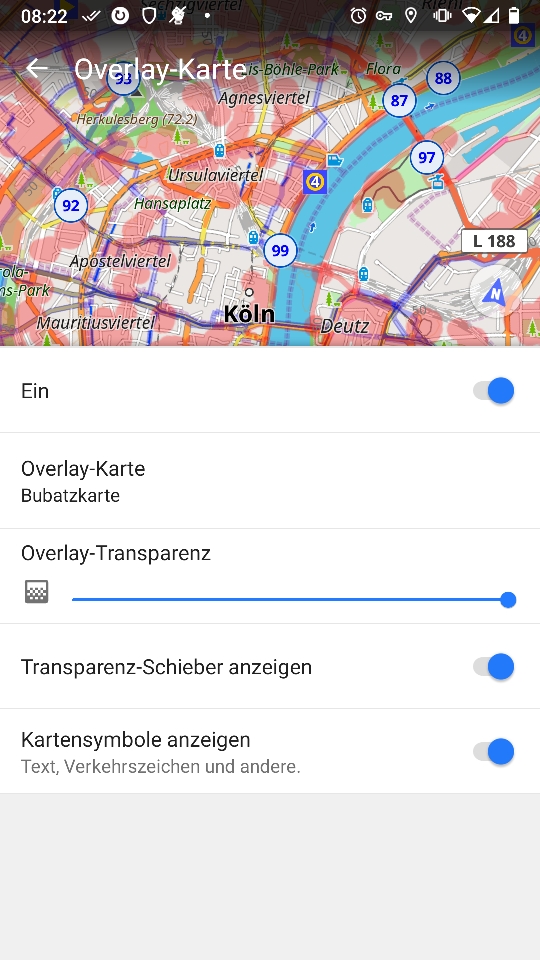 Screenshot von Osmand mit Overlay der Bubatzkarte. Die Karte ist auf Kölle zentriert, die Einstellungen für das Overlay sind zu sehen.