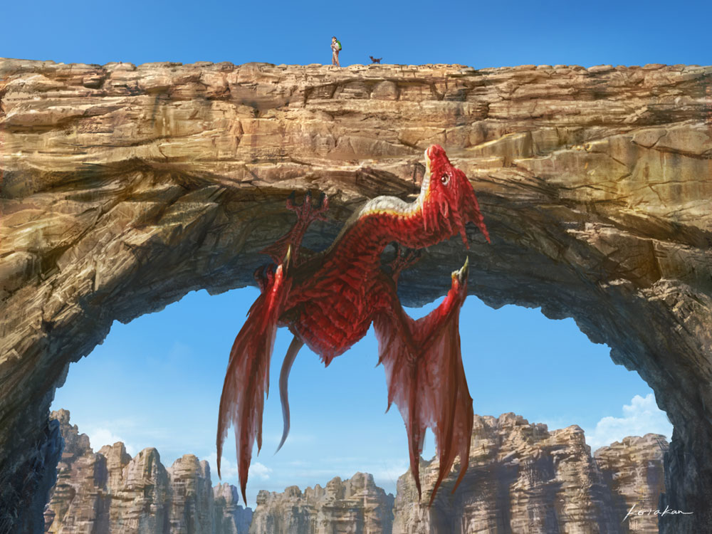 A man and dog walk along the top of a rock arch in a canyon-type setting. Unbeknownst to the man and dog, a gigantic red dragon is watching them from underneath the arch. The dragon is hanging upside-down from the underside of the arch, with its neck sticking out to observe the travellers.