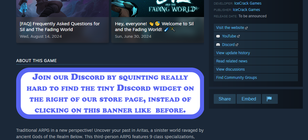 Screenshot of a steam store page. There is a huge image at the top of the "About this game" section that says: "Join our Discord by squinting really hard to find the tiny Discord widget on the right of our store page, instead of clicking on this banner like before."