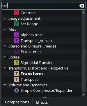 screenshot of the Effects widget, searching for "tra", which lists a number of matching results