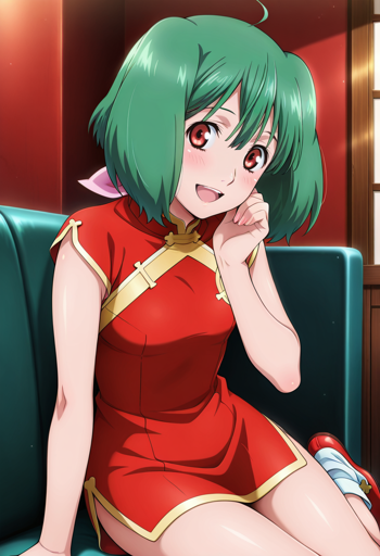 A young woman with short, fluffy green hair and red eyes sitting on a teal-colored seat, leaning forward slightly with one hand near her cheek, offering a slightly blushing smile to the viewer. She wears a short, red, sleeveless qipao accented with gold trim. The background is a simple room with wood-paneled red walls and a window visible on the right.