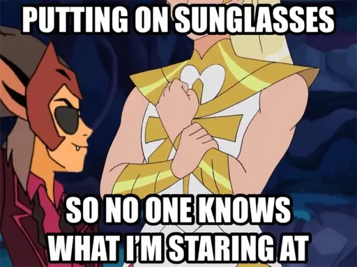 “Putting on sunglasses” (top text)  “so no one knows what I’m staring at” (bottom text) with an image of catra with sunglasses looking at She-Ra’s muscles in the background 
