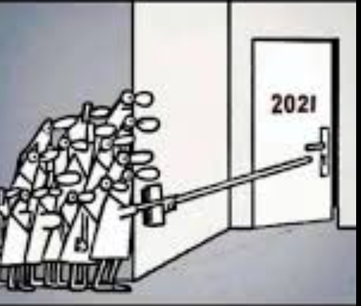 cartoon - a group of people is hiding behind a corner. One of them is using a long broom stick to carefully open a door labelled 2021.