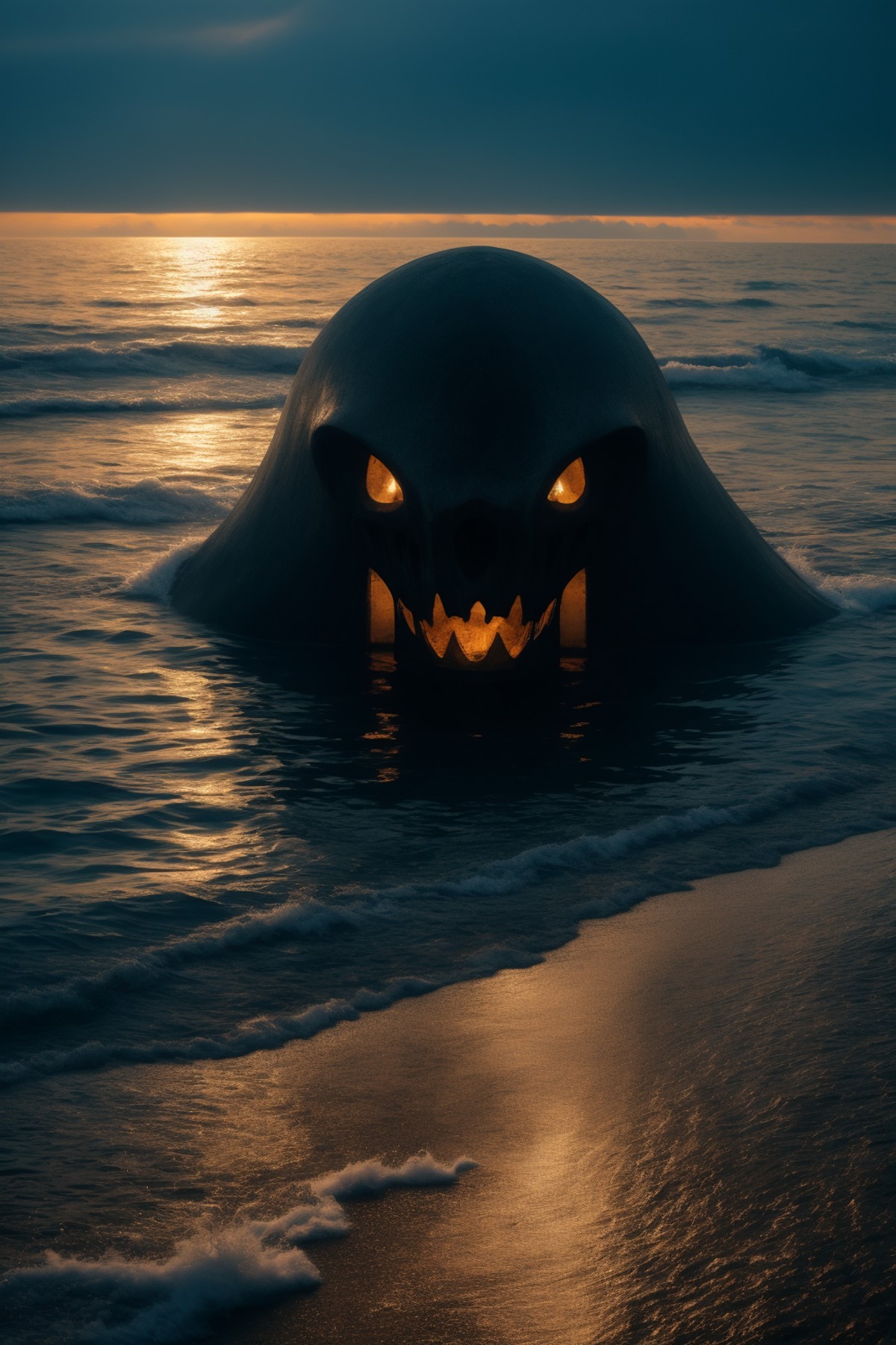 A large, skull-like creature with glowing eyes and mouth emerges from the ocean at sunset. The water gently laps at the shore, reflecting the last light of day while creating an atmosphere that is foreboding due to the presence of the skull-like creature. 