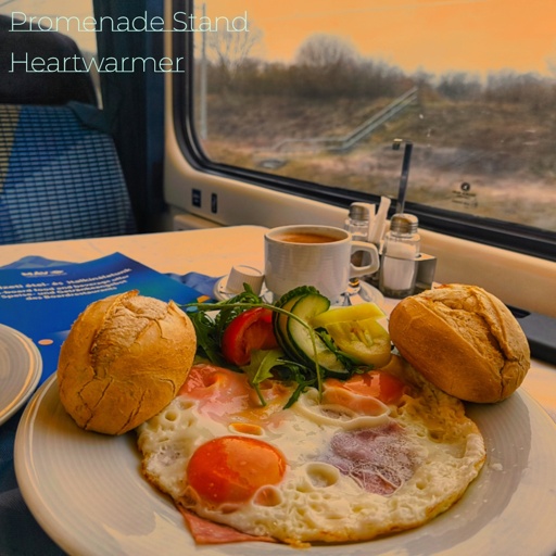 A fake album cover for 'Heartwarmer' by Promenade Stand, showing a view from a seat in a European train, with two haidboiled eggs, a bullseye and some vegetables on a plate next to tea, pepper and salt shakers, with slight vegetation visible outside the window.
