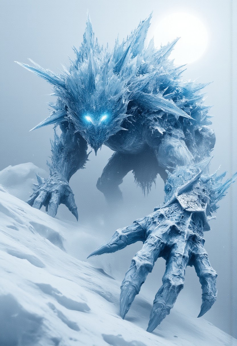 A menacing ice creature with glowing blue eyes, crouched on a snowy slope. The creature's body is covered in sharp, jagged ice formations, giving it a fearsome appearance. The setting is a cold, snowy landscape with a bright, hazy light in the background casting a pale glow over the scene. The creature's large, clawed hands are prominently featured, reaching out towards the viewer, emphasizing its power and threat. 