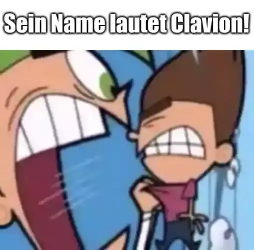Cosmo, welcher Timmy beim Schlafittchen gepackt hat und ihn laut anschreit: „Sein Name lautet Clavion!“