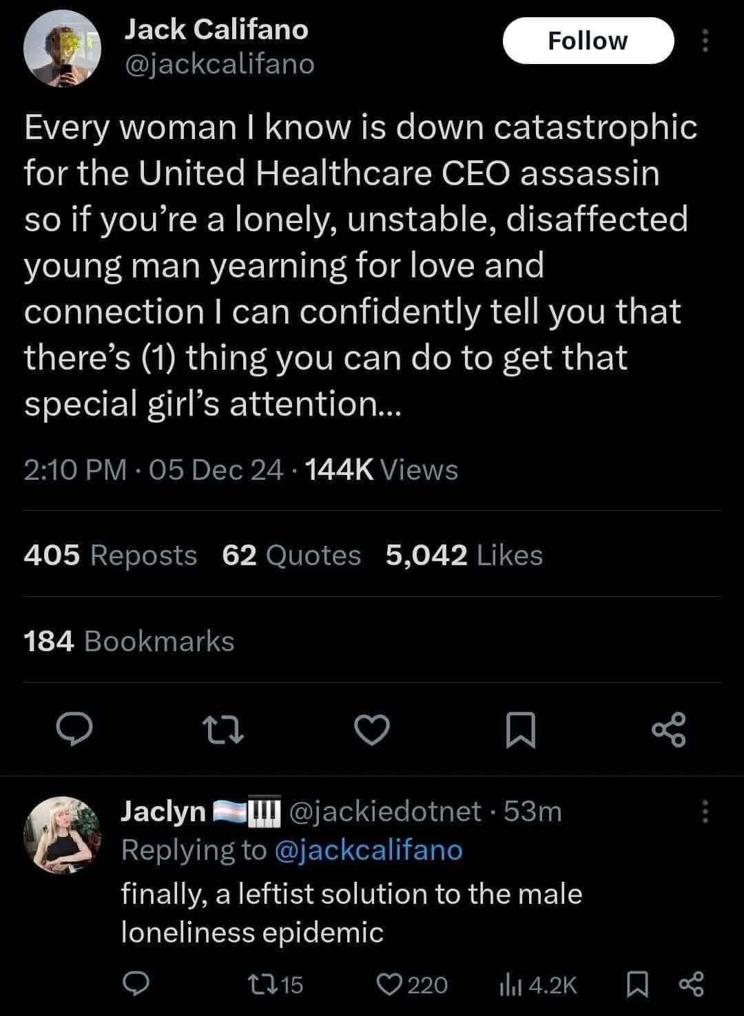 Microblog screenshot with the OP reading: "Every woman I know is down catastrophic for the United Healthcare CEO assassin so if you're a lonely, unstable, disaffected young man yearning for love and connection I can confidently tell you that there's (1) one thing you can do to get that special girl's attention..."

And the response: "finally, a leftist solution to the male loneliness epidemic"