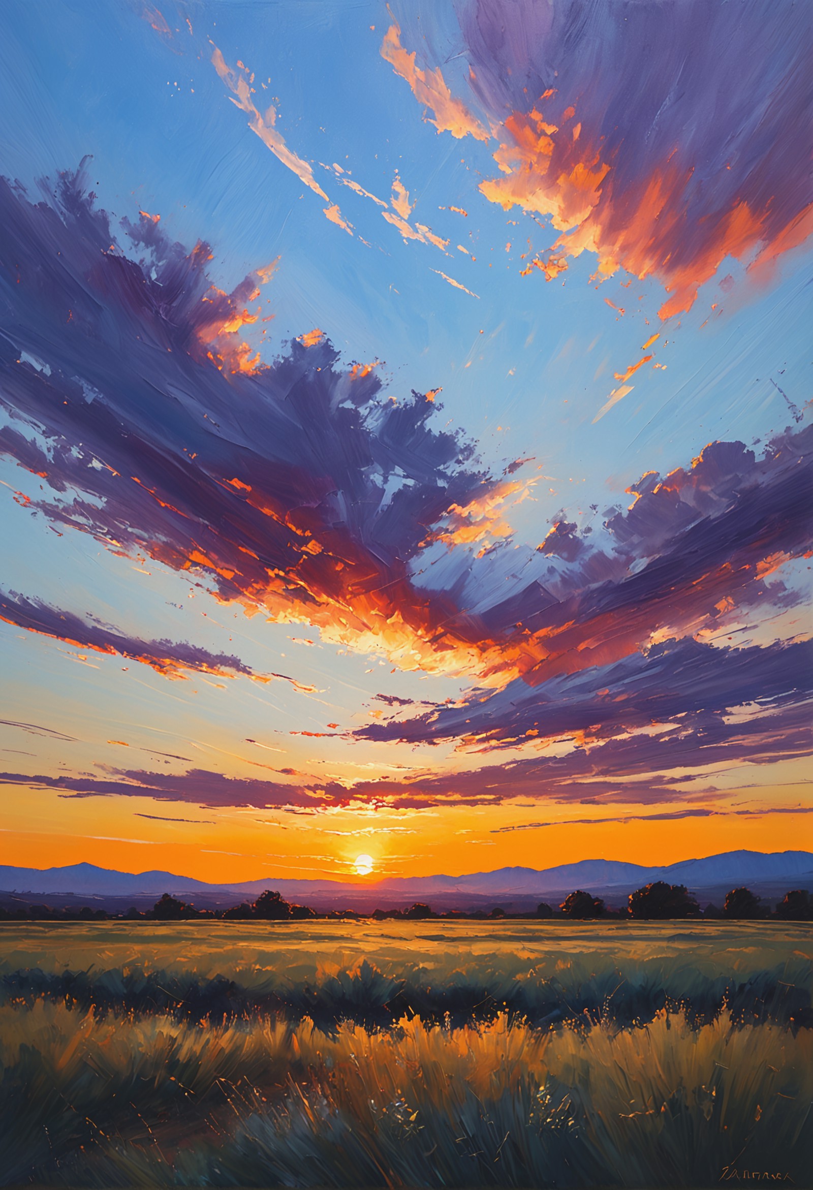 A dazzling sunset with a dynamic sky painted in shades of purple, orange, and blue. The sun is low on the horizon, casting a warm glow over the silhouetted hills in the distance and a field of tall grasses in the foreground. The clouds are illuminated by the setting sun, creating an impression of depth and movement in the sky. 