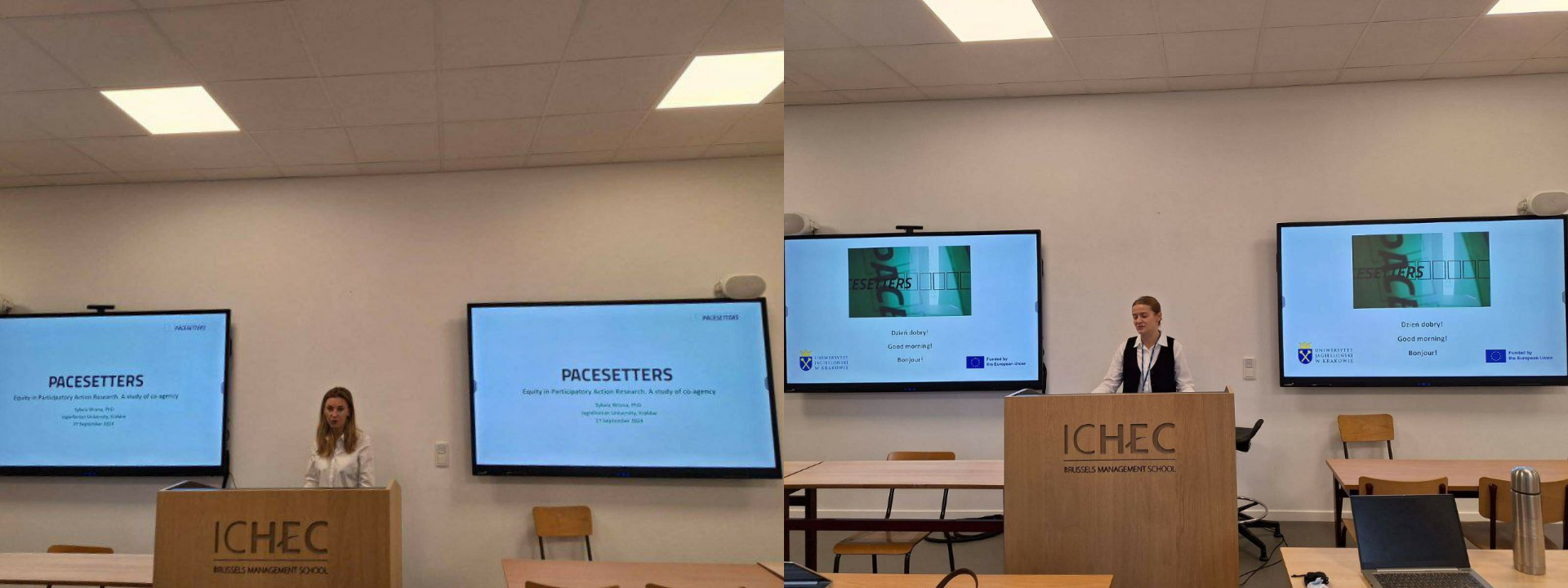 2 photos merged in one, of Joanna and Sylwia standing at the podium of RIODD addressing the audience. Behind them are screens showing slides with the pacesetters logo