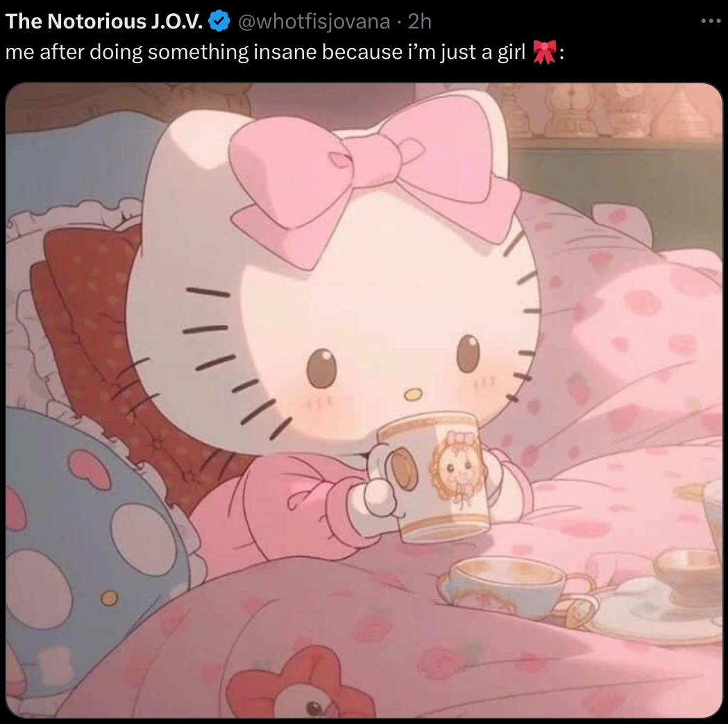 me after doing something insane because i’m just a girl 🎀: (A drawing of a cute cat drinking from a mug in bed under a blanket and next to big soft pillows