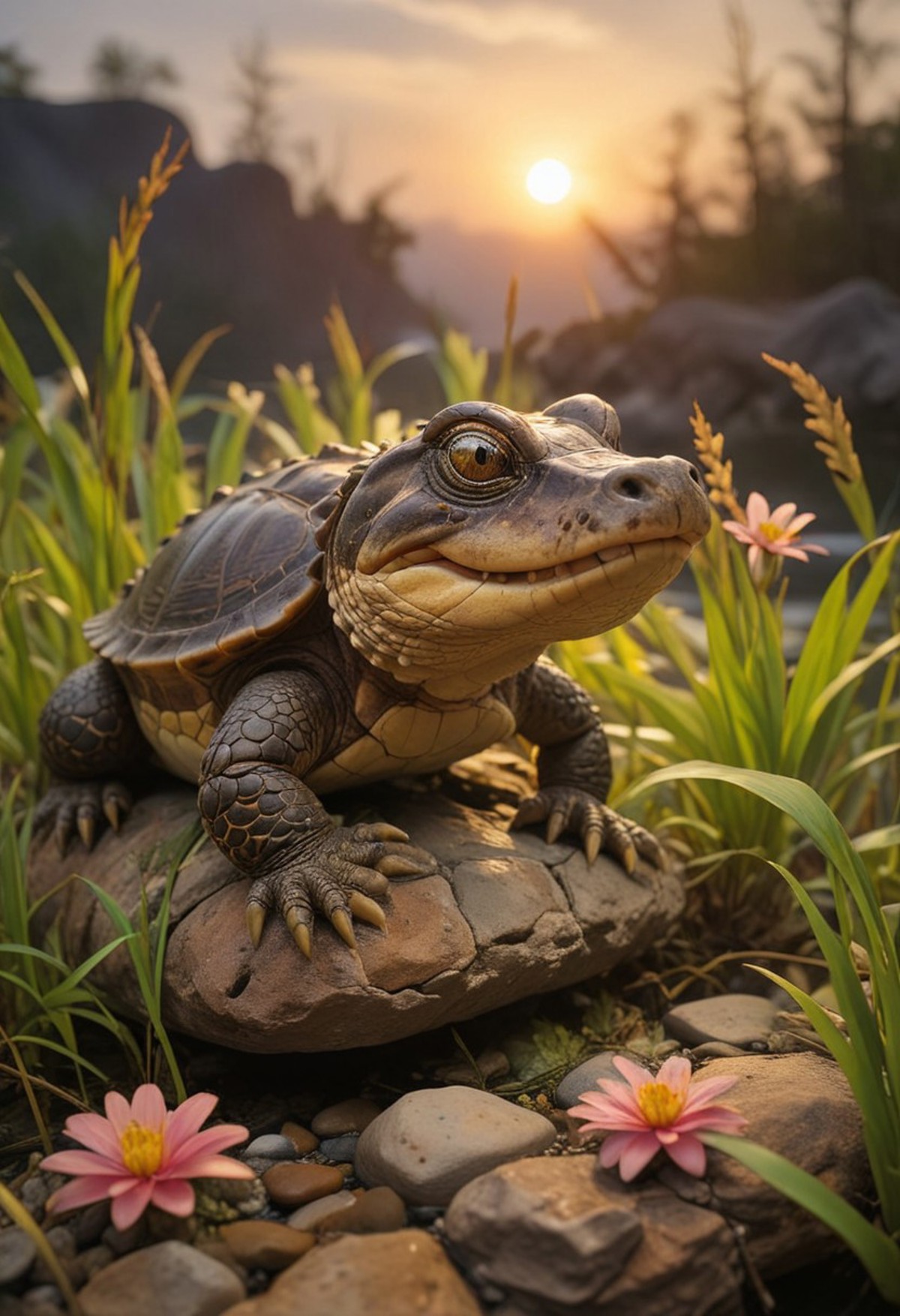 A tranquil scene of a creature with the body of a turtle and the head and limbs of an alligator rests on a smooth rock, surrounded by tall grass and pink flowers under a setting sun. The creature stands out against the soft focus of the natural background. 