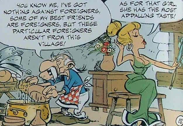 Geriatrix quote from Asterix and Caesar's Gift saying: You know me, I've got nothing against foreigners, some of my best friends are foreigners, but these particular foreigners aren't from this village!!