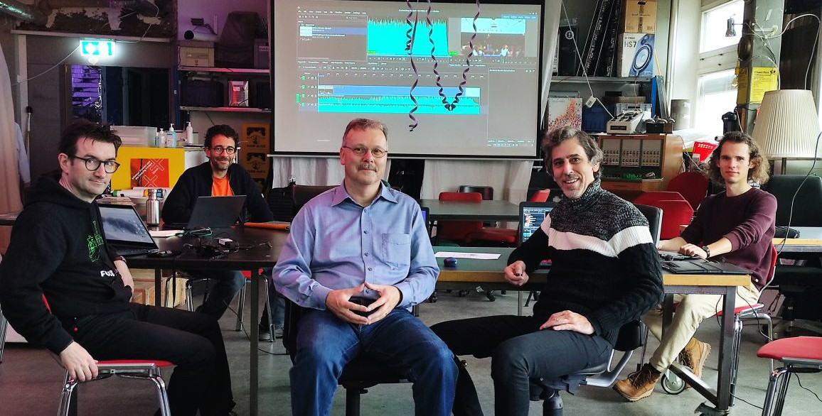 The team during the sprint in Zurich. From left to right: Camille, Jean Baptiste, Eugene, Massimo, and Julius.