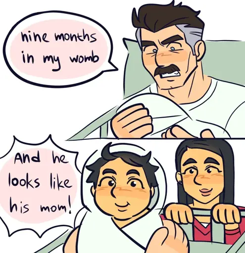 Nolan holding Mark saying the caption in title, while Debbie Grayson makes the same face Mark is making for his dad.