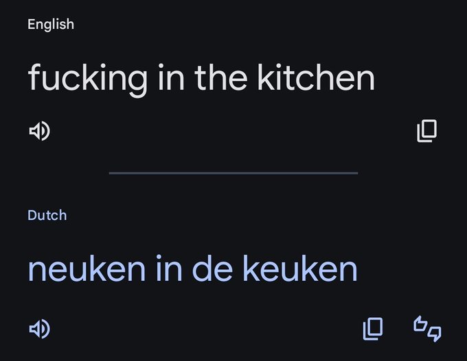 Google Translate. English: "fucking in the kitchen". Dutch "nueken in de keuken"