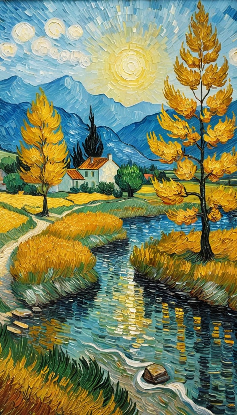 A painting featuring an autumnal landscape with a vibrant color palette dominated by shades of yellow and blue. In the foreground, there is a river whose riverbanks are lined with golden-yellow trees that appear to be in full autumn foliage. A path winds alongside the river, leading to a small house nestled among the trees in the midground. The background consists of rolling hills and mountains under a swirling sky with stylized clouds and a radiant sun emitting dynamic rays of light. 