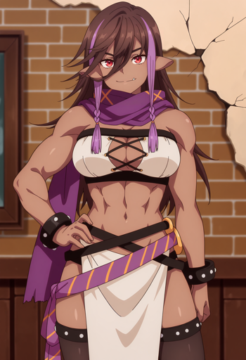 A notably muscular woman with long brown hair styled with prominent forward-falling purple braids, pointed ears, and red eyes, standing confidently, facing the viewer with a slight smirk. Her attire consists of a white lace-up tube top, a purple scarf draped around her neck, dark studded wristbands, and a white skirt along with several belts, and dark thigh-high studded stockings. The background suggests an interior room with brickwork and some wall damage.