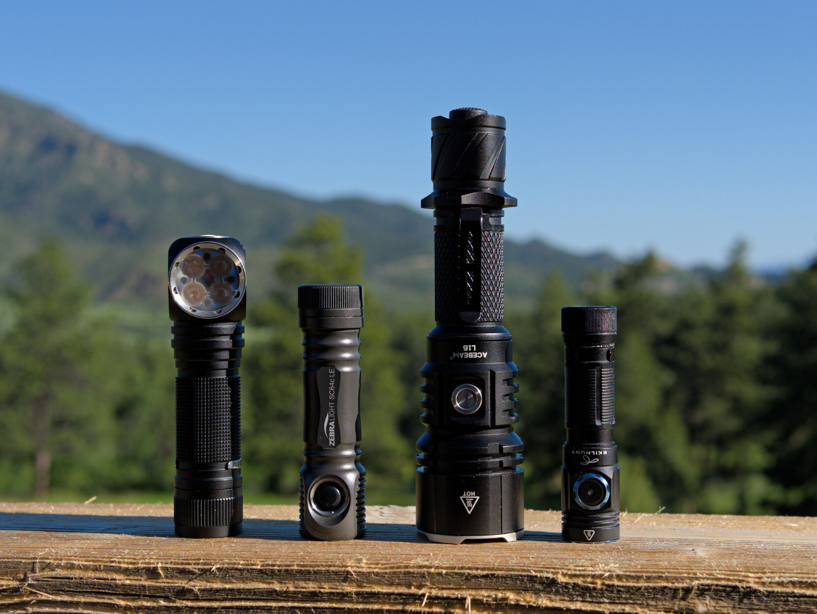 Four flashlights stand on a railing with trees and a mountain in the background. They are an Emisar DW4, Zebralight SC64c LE, Acebeam L16, and Skilhunt M150.