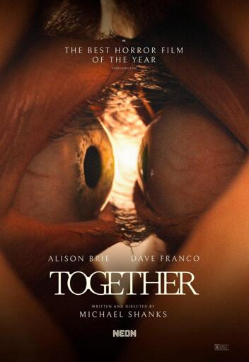 A close-up of two people's eyes staring at each other so closely that their eyelashes are touching, and it appears that the tops of their eyelids are being pressed together so much that they are slightly raised off their eyeballs.
