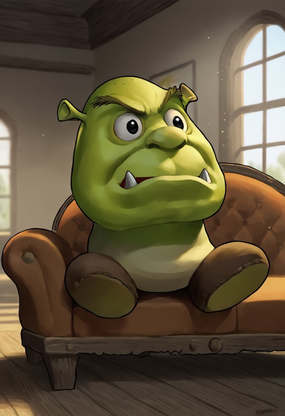 A certain green ogre with the body of a goomba sitting on a brown leather sofa in a room with wooden floors and walls. 