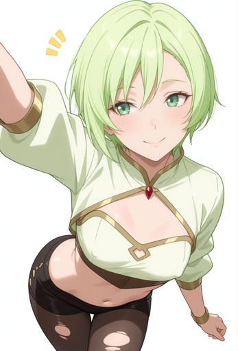 A woman with short light green hair and green eyes, viewed from a high angle suggestive of a selfie. She looks up at the viewer with a confident smile. Her outfit features a pale green short-sleeved cropped keyhole top, and black shorts over distressed leggings. A small red jewel adorns the center of her top's neckline, and she wears gold wrist cuffs.