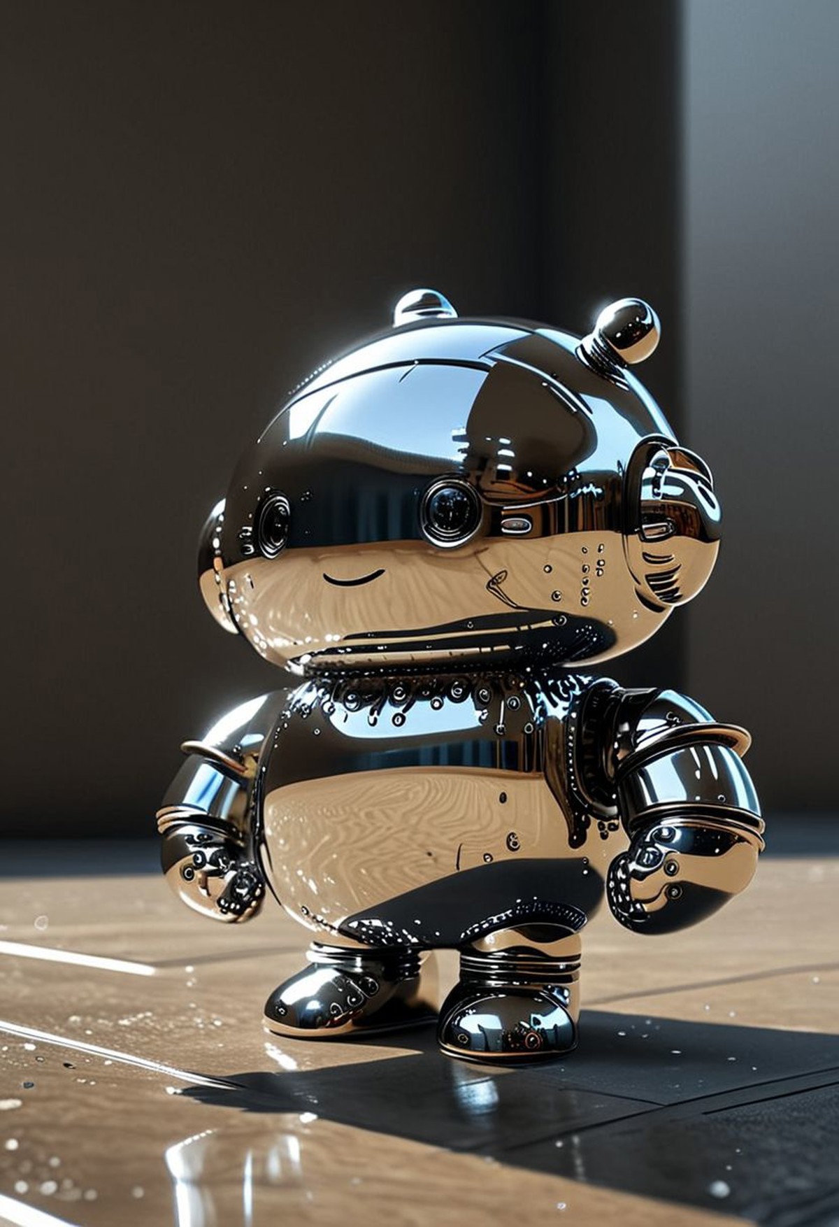 A small, glossy, metallic robot with beads of moisture on its body standing on a tile floor. The robot is standing with its hands by the sides of its rounded body, with large eyes on its head. 