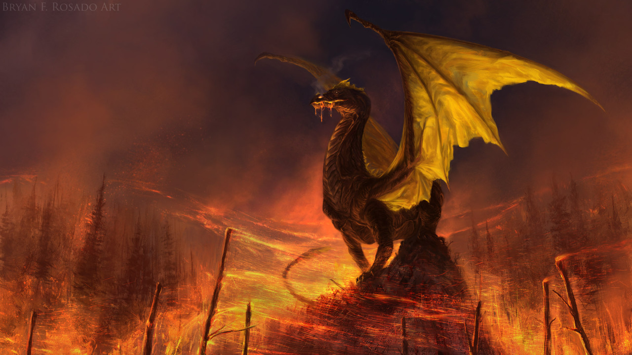 A dark brown dragon with golden yellow wings stands on a mound admist a forest fire. Trees in the background and foreground are burning, and the wind is whipping the embers up and swirling around the dragon. We don't know if the dragon started the fire, but its mouth is drooling what appears to be magma and smoke is coming out of its nostrils