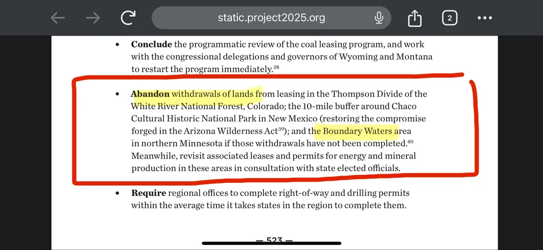 An image from Project 2025 guidebook stating that the Republicans will "abandon withdrawals of lands from ... the boundary waters are in Northern Minnesota"