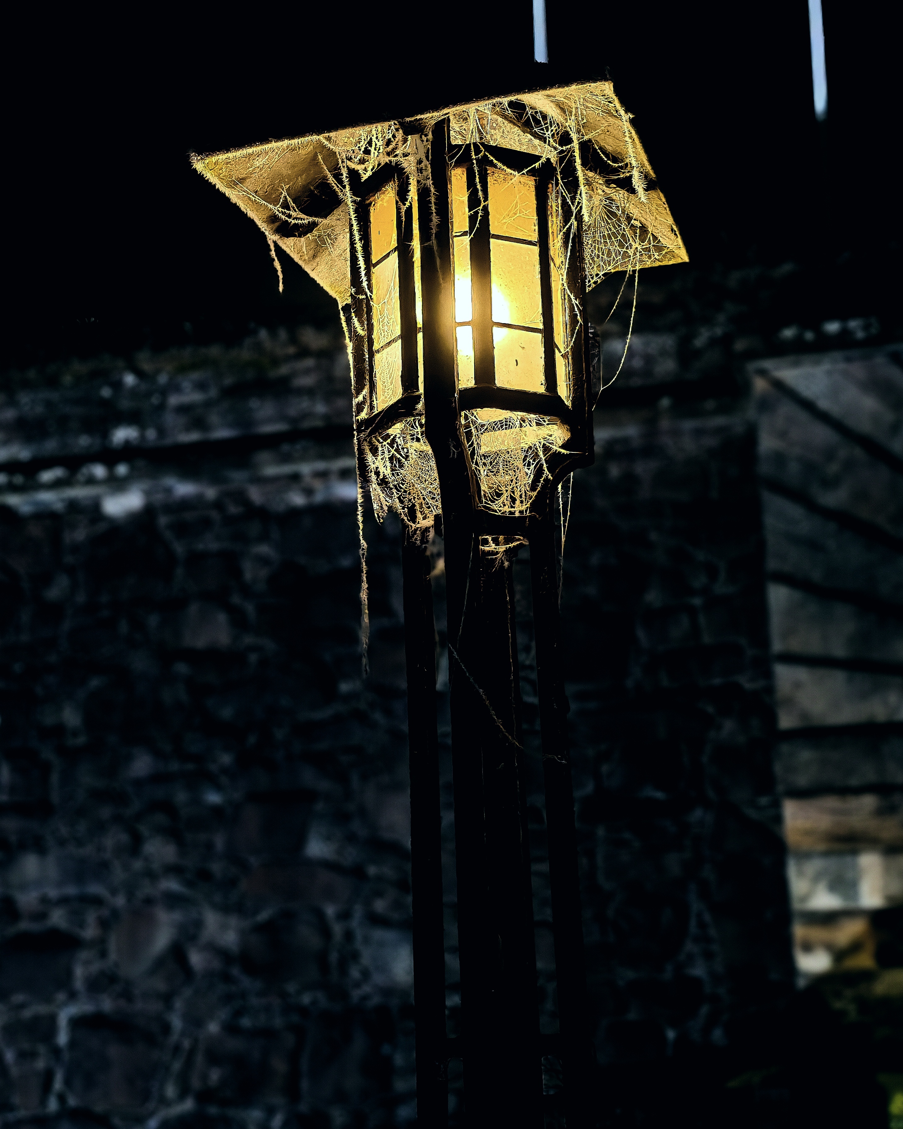 lamp covered in frozen cobwebs, with stone wall in background.