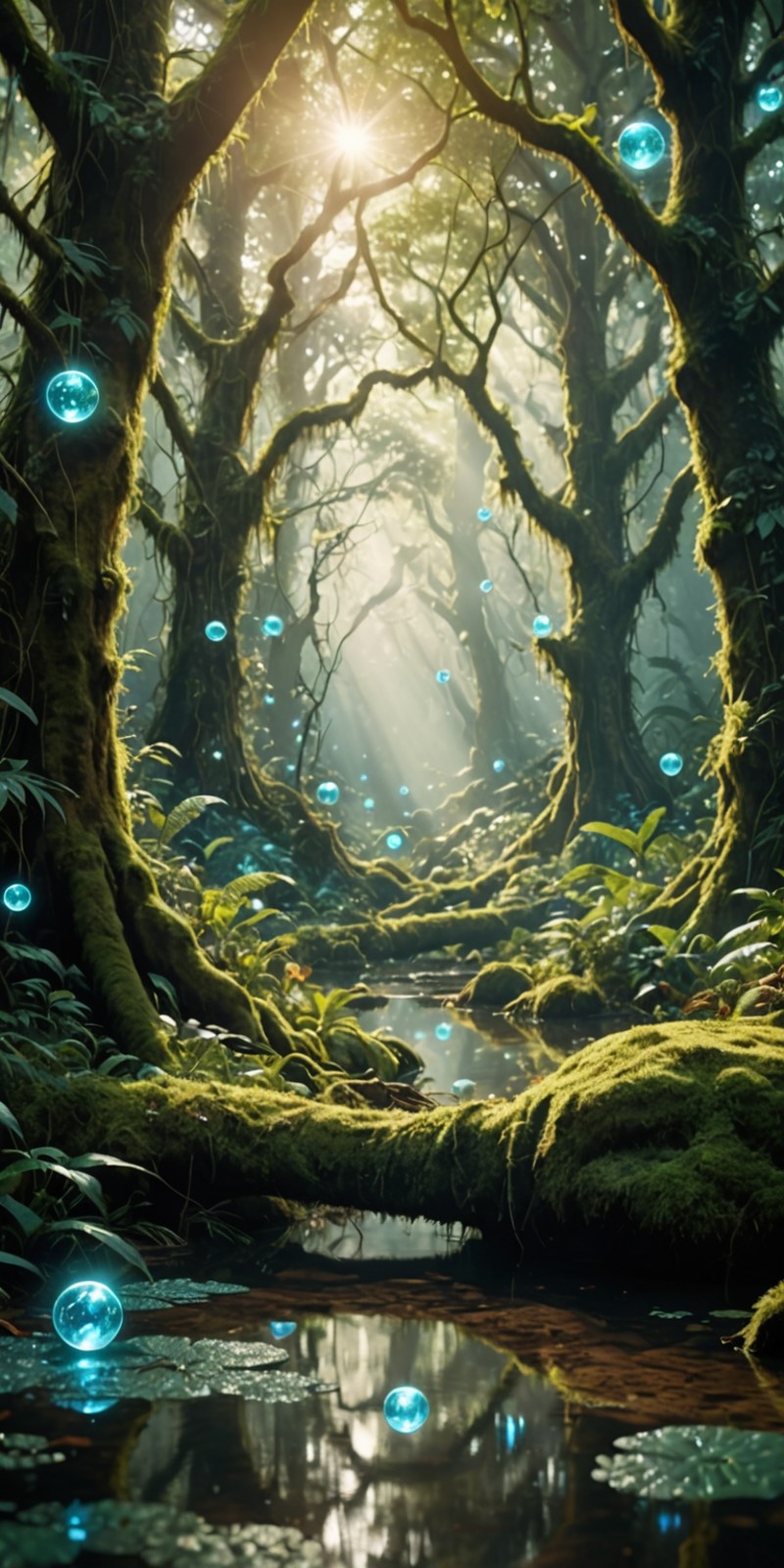 A moss-covered ancient forest bathed in soft sunlight. Scattered throughout the undergrowth are glowing blue orbs that reflect in the still water of a small lily pad lined puddles that dot the forest floor.