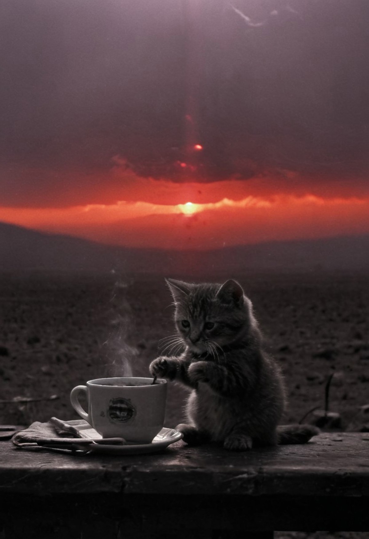 A kitten sitting in front of a steaming cup of coffee on a wooden surface. The backdrop features an expansive view of a barren landscape under a dusky sky. The setting sun on the horizon emits a red glow that bathes the scene in warm hues. 